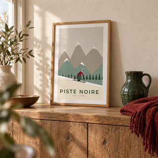 Vintage Ski Poster, a small A4 framed print leaning on a rustic oak sideboard in a living room