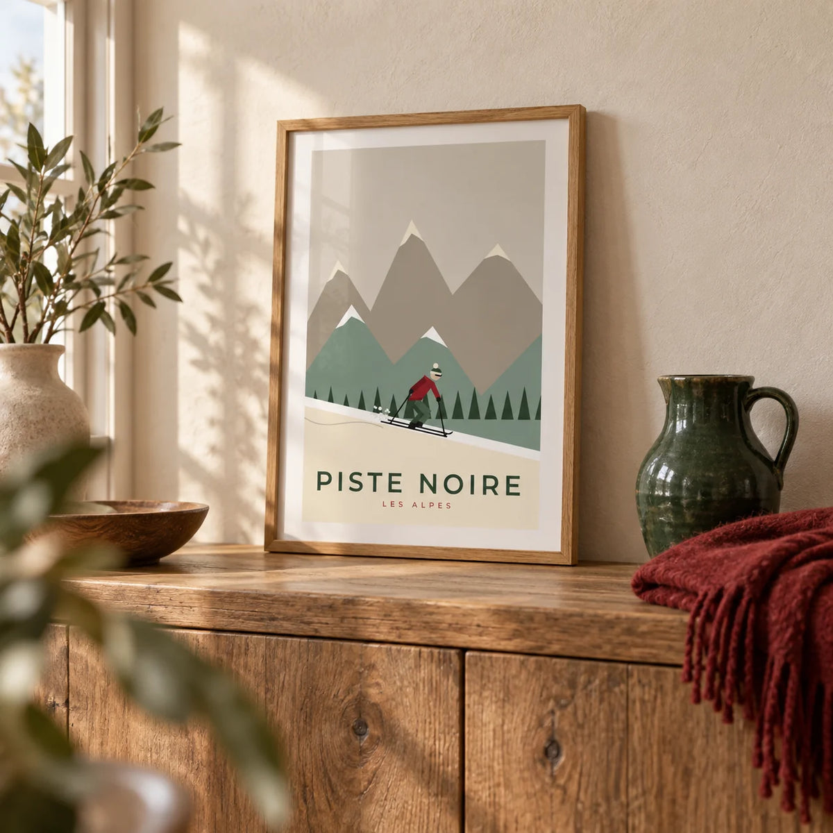 Vintage Ski Poster, a small A4 framed print leaning on a rustic oak sideboard in a living room