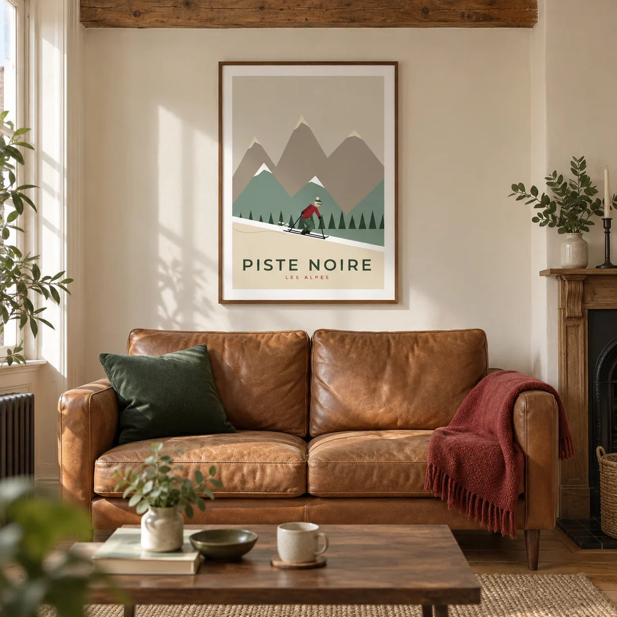 Vintage Ski Poster, framed on the wall of a warm living room in a UK Victorian terrace with an exposed timber beam