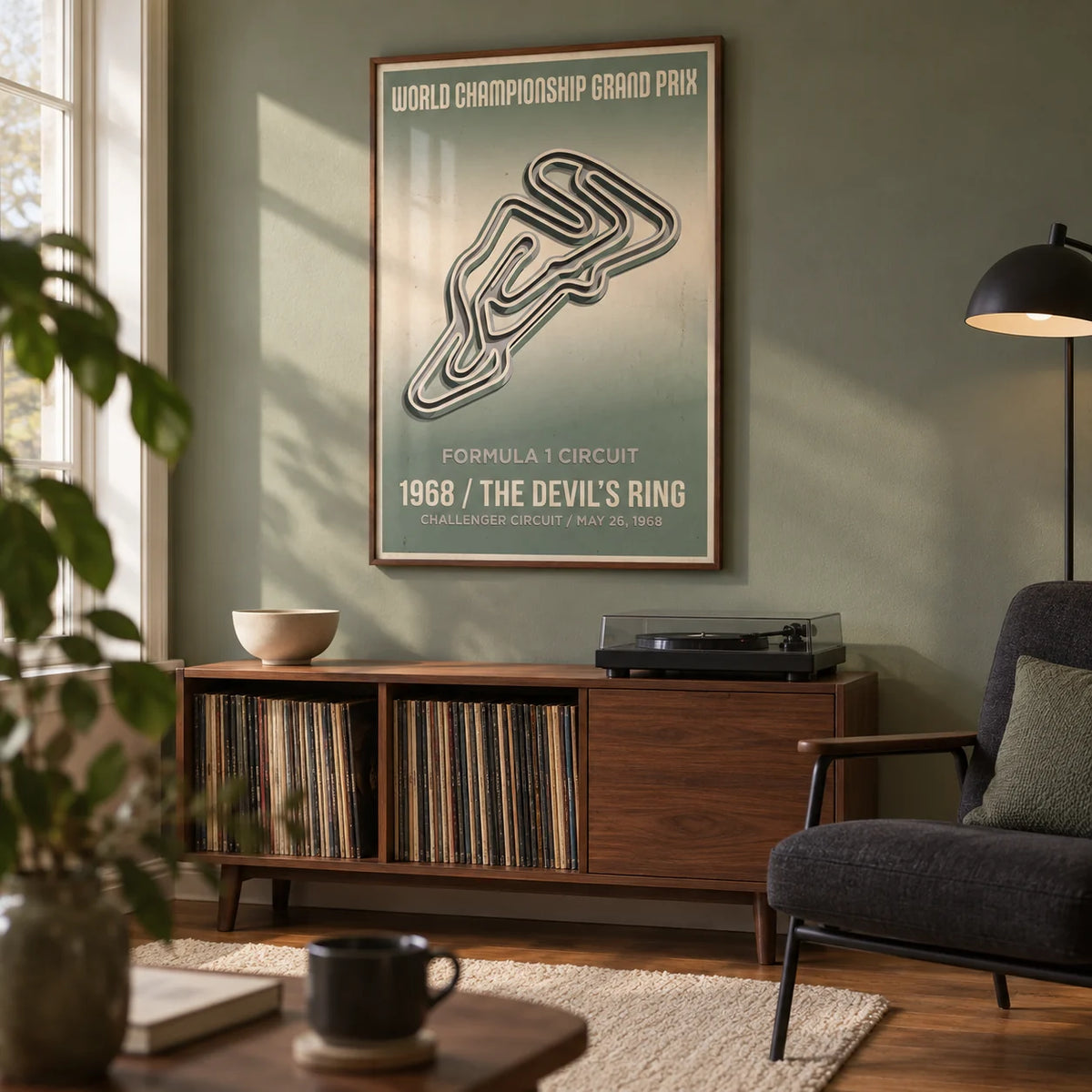 Vintage Street Circuit Map Poster, framed on the wall of a characterful music and racing den in a UK first flat for an adult aged 22-30 with a muted sage green wall in a living room