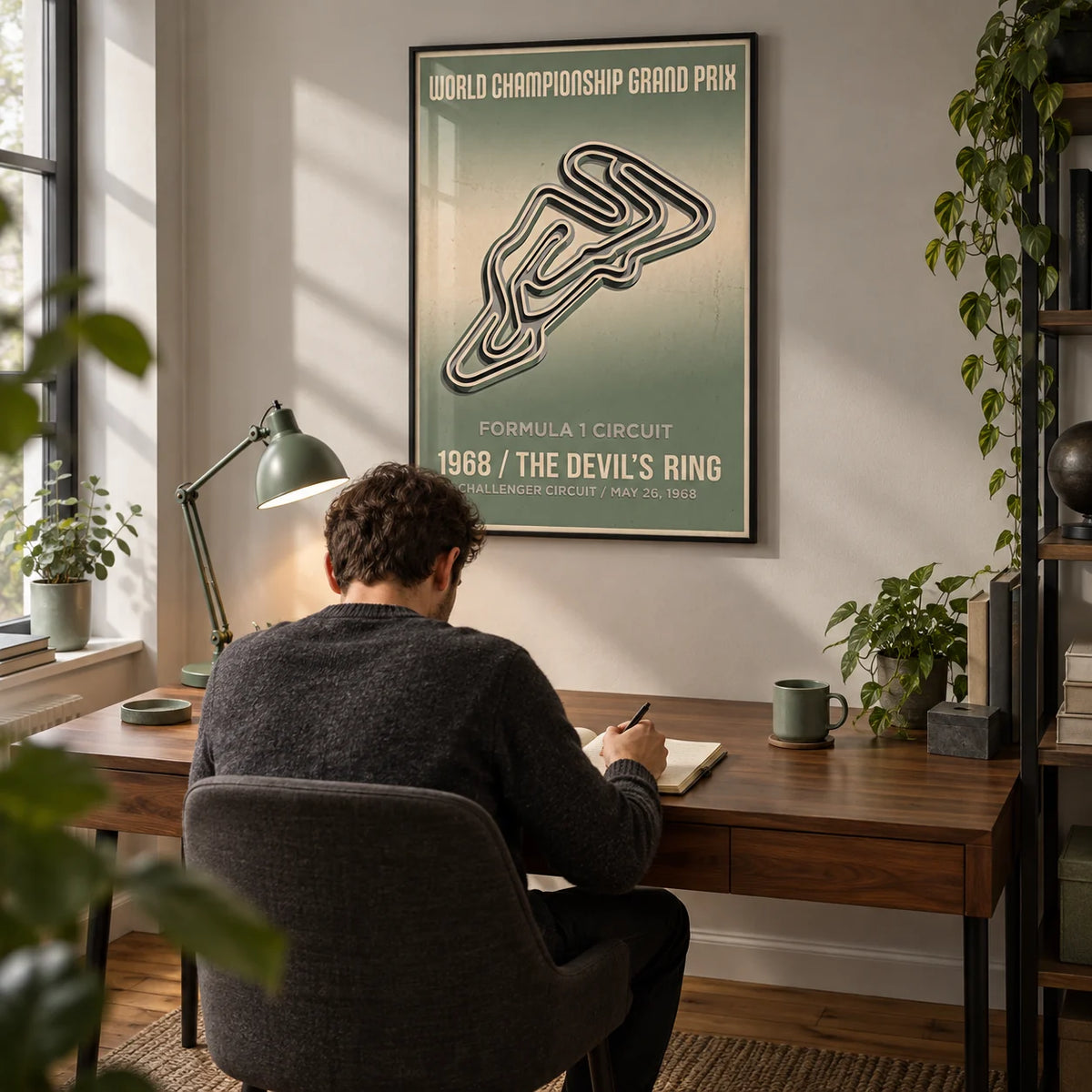Vintage Street Circuit Map Poster, framed on the wall of a compact home study for a motorsport enthusiast with a pale grey wall and warm oak floor