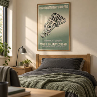 Vintage Street Circuit Map Poster, framed on the wall of a considered single bedroom for a teenage racing fan aged 16-17 in a UK family home with a warm cream wall