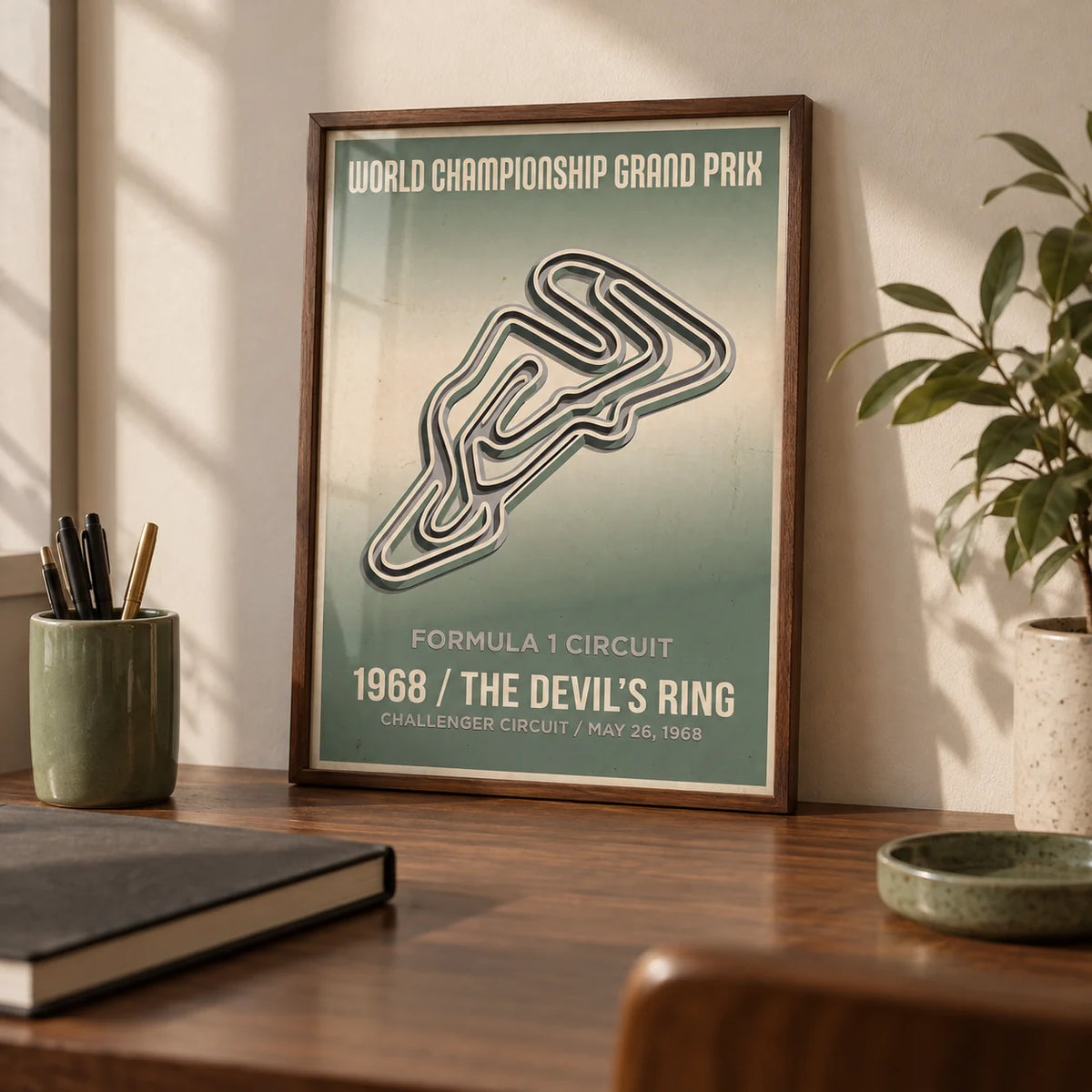 Vintage Street Circuit Map Poster, a small A4 framed print leaning on a walnut desk
