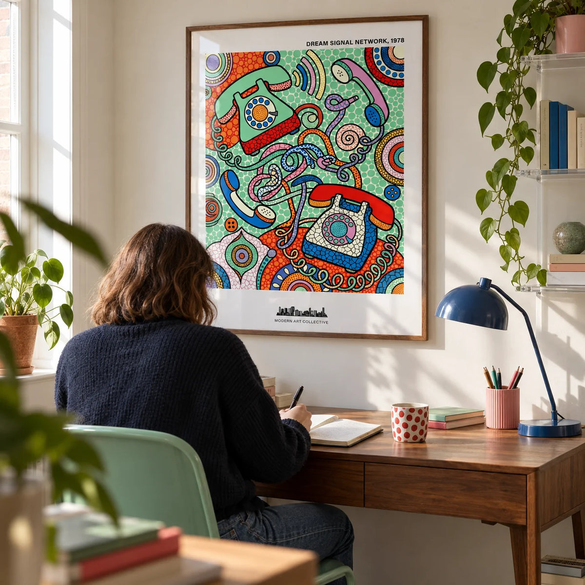 Vintage Telephone Art Print, framed on the wall of a compact home study in a renovated UK terrace with an off-white wall