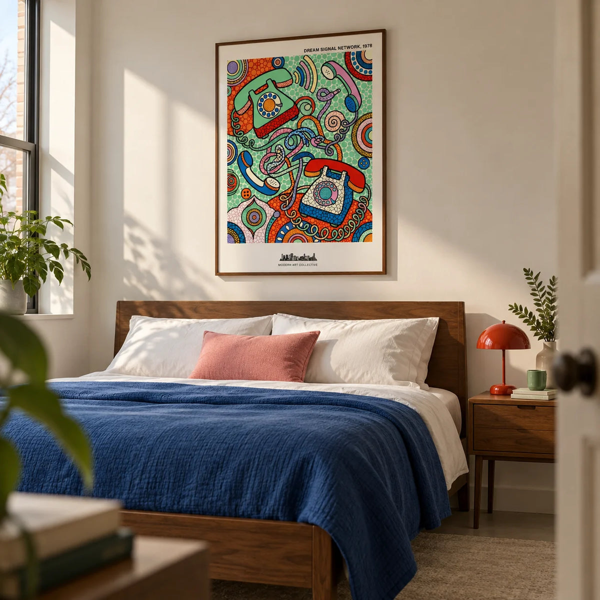 Vintage Telephone Art Print, framed on the wall of a design-led bedroom for an adult in a UK first flat with warm white walls