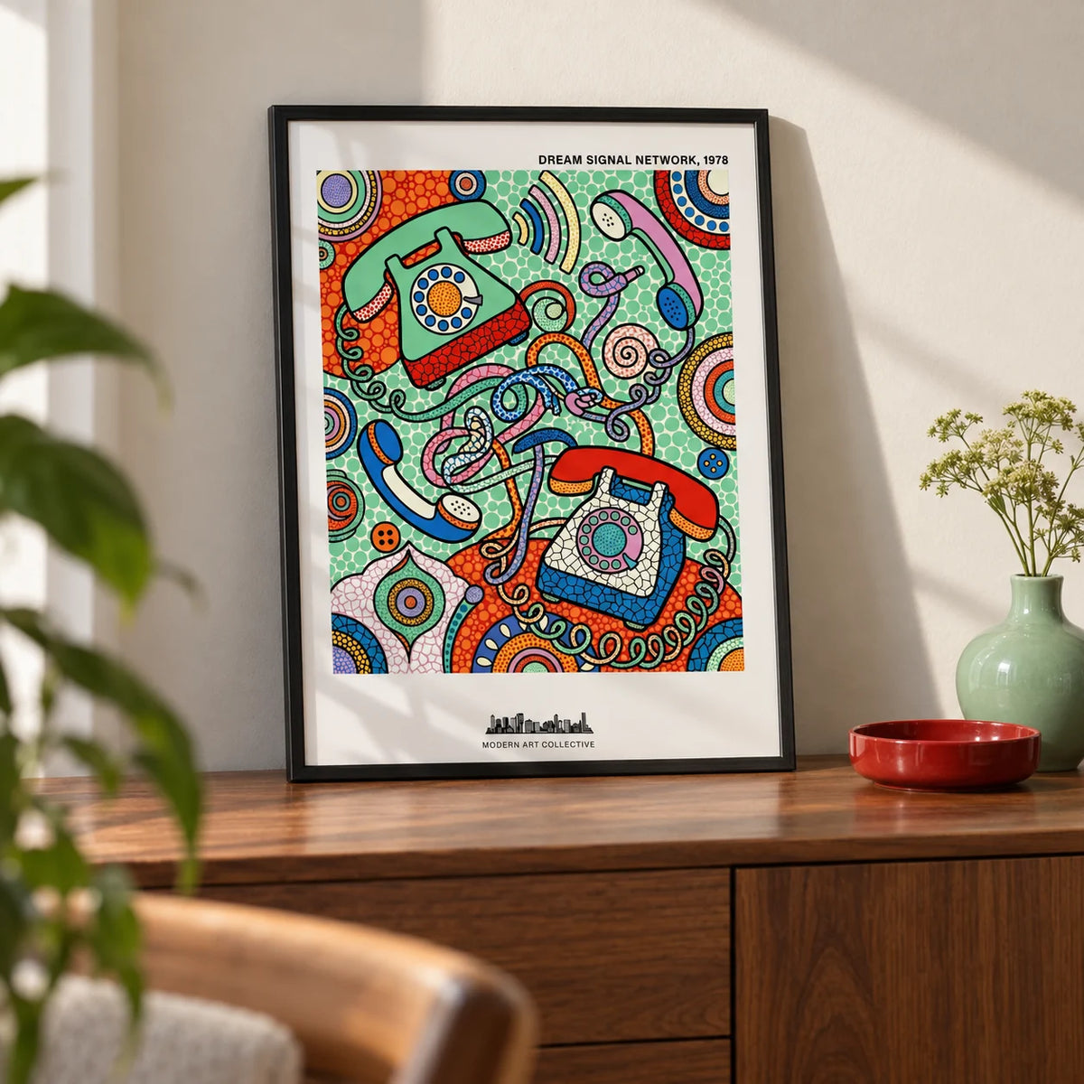 Vintage Telephone Art Print, a small A4 framed print leaning on a walnut sideboard in a living room