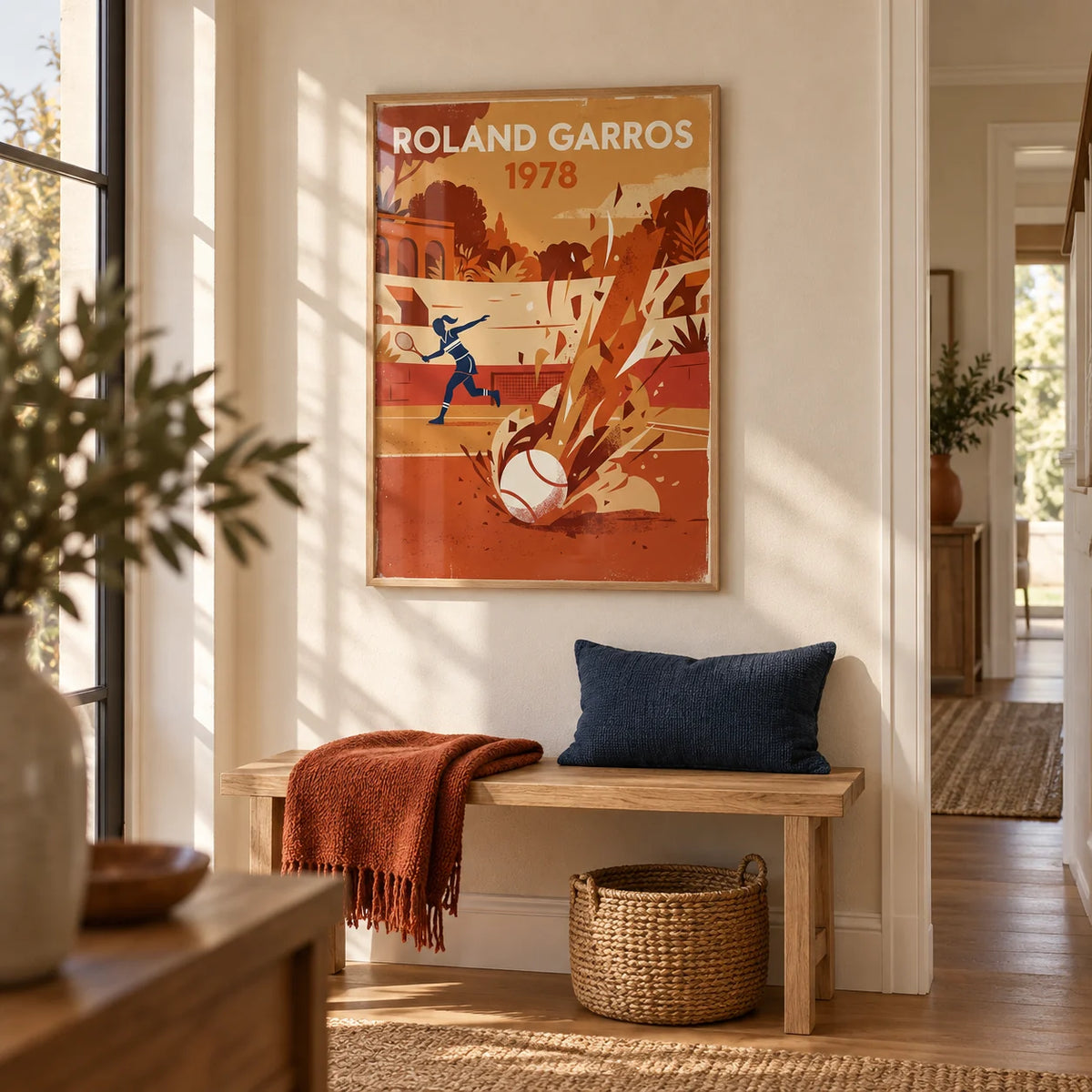 Vintage Tennis Art Print, framed on the wall of a bright hallway with a cream wall