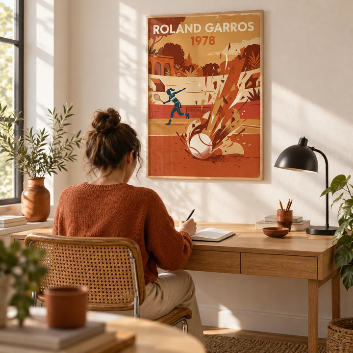 Vintage Tennis Art Print, framed on the wall of a bright home office with a warm white wall