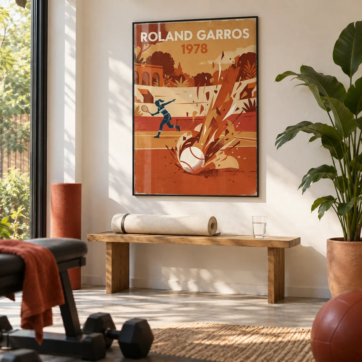 Vintage Tennis Art Print, framed on the wall of a calm home gym in a garden room with a white wall