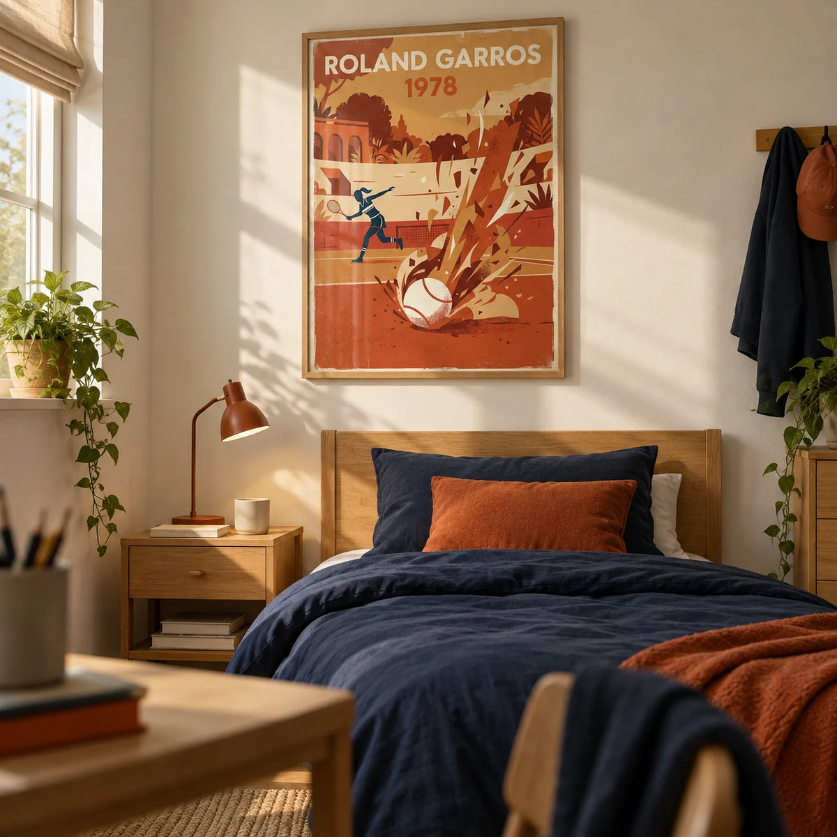 Vintage Tennis Art Print, framed on the wall of a calm teen bedroom (13-17) with a soft cream wall