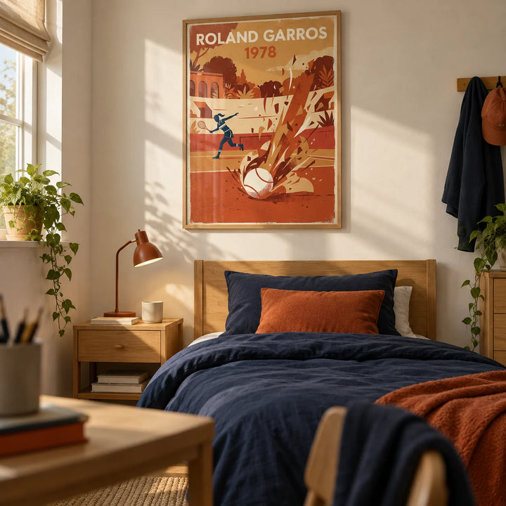 Vintage Tennis Art Print, framed on the wall of a calm teen bedroom (13-17) with a soft cream wall