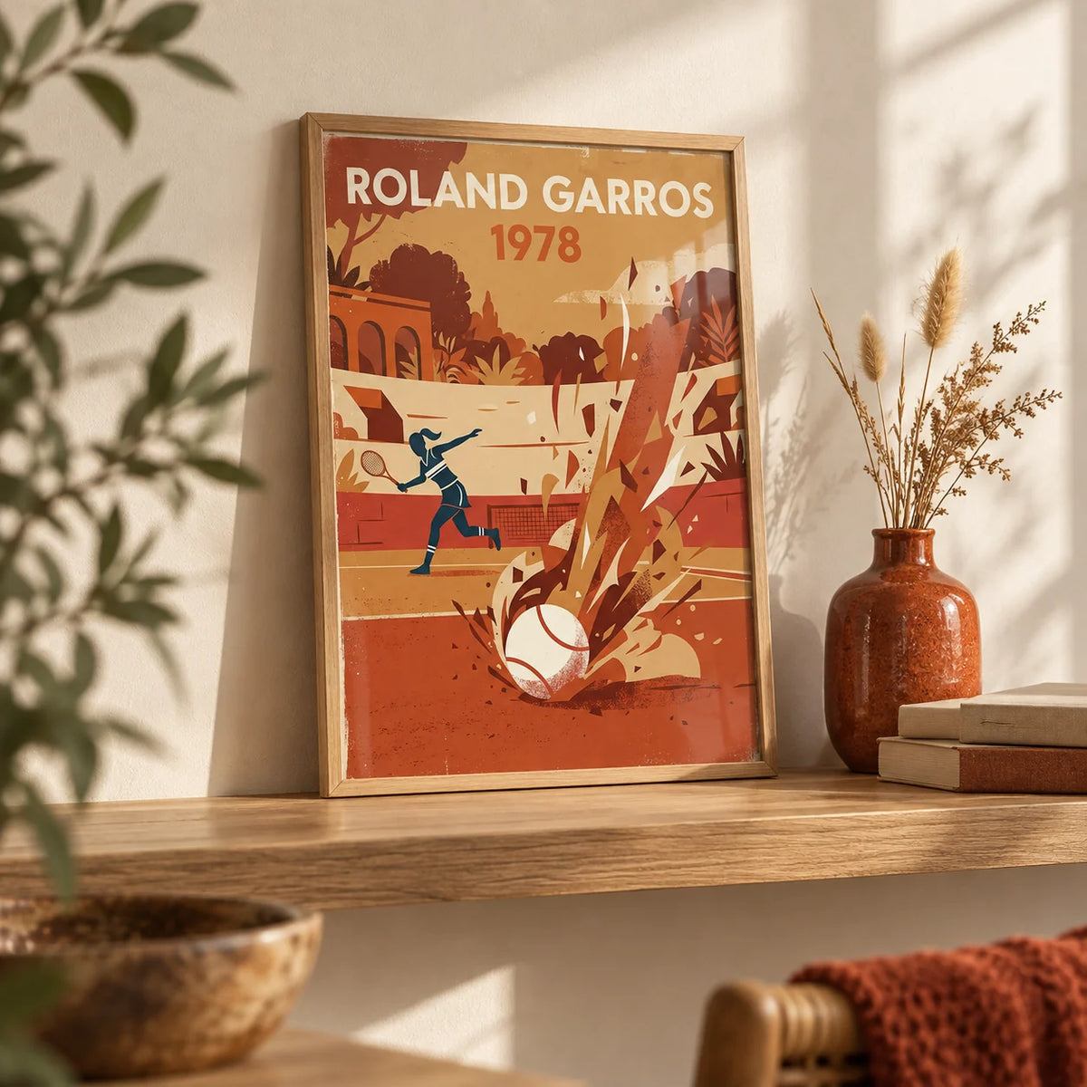 Vintage Tennis Art Print, a small A4 framed print leaning on an oak shelf in a living room