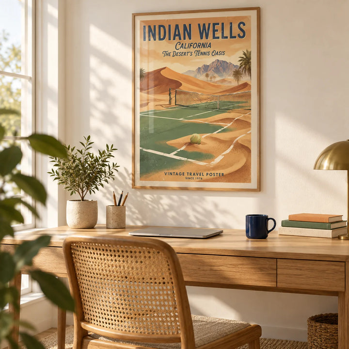 Vintage Tennis Poster, framed on the wall of a bright home office with a warm white wall