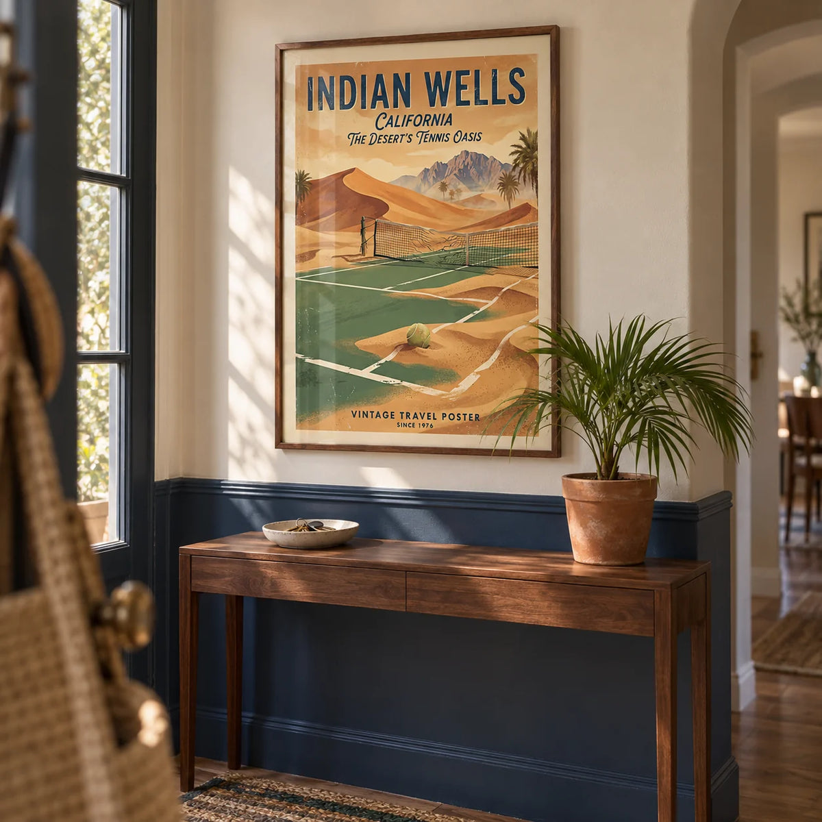 Vintage Tennis Poster, framed on the wall of a characterful hallway with a navy painted lower wall and cream above