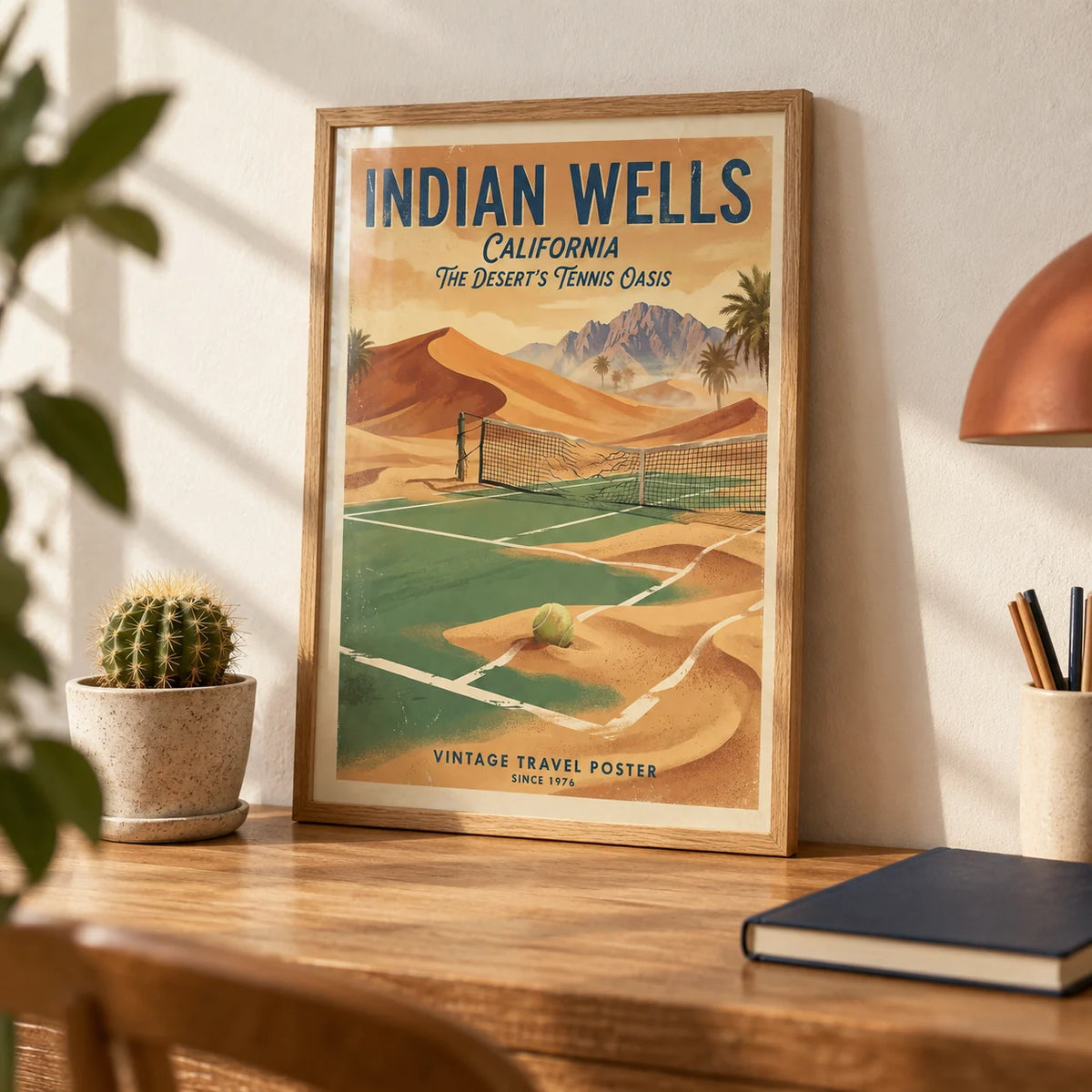 Vintage Tennis Poster, a small A4 framed print leaning on an oak desk