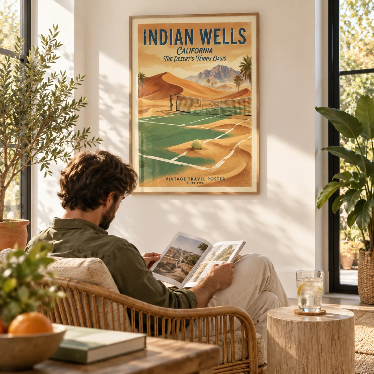 Vintage Tennis Poster, framed on the wall of a sunny garden room with a white wall and big windows in a living room