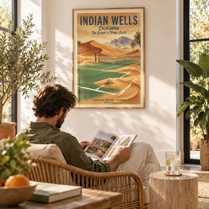 Vintage Tennis Poster, framed on the wall of a sunny garden room with a white wall and big windows in a living room