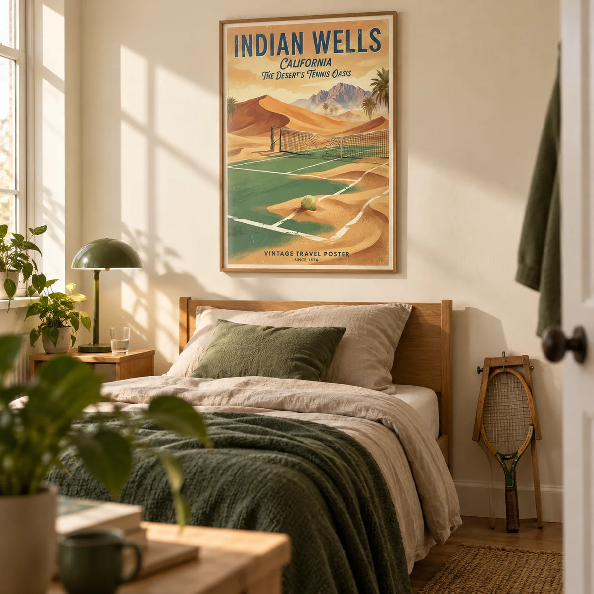 Vintage Tennis Poster, framed on the wall of a young adult's bedroom in a first flat (22-28) with a warm cream wall