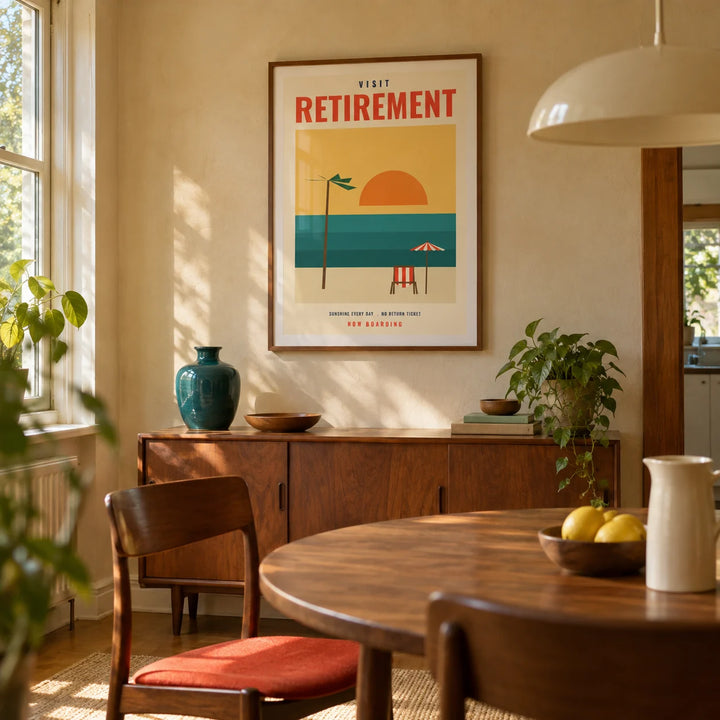 Vintage Travel Poster, framed on the wall of a characterful dining room in a UK 1960s house with pale honey-coloured plaster and simple walnut dining chairs