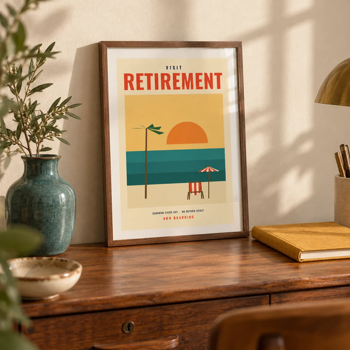 Vintage Travel Poster, a small A4 framed print leaning on a vintage walnut writing desk
