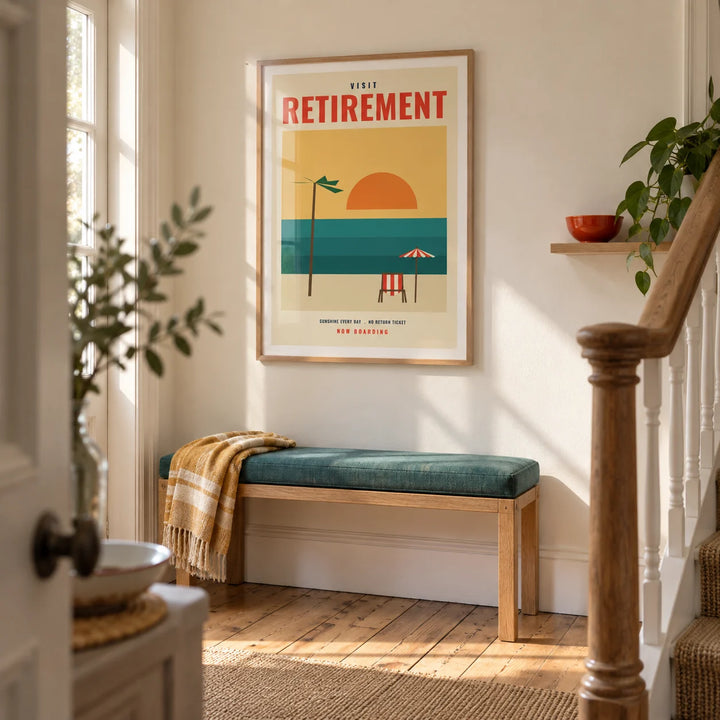 Vintage Travel Poster, framed on the wall of a welcoming hallway in a British coastal terrace with cream walls