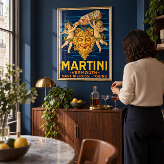 Vintage Vermouth Poster, framed on the wall of a compact home bar alcove in a characterful city flat with deep navy walls and a walnut drinks cabinet in a living room