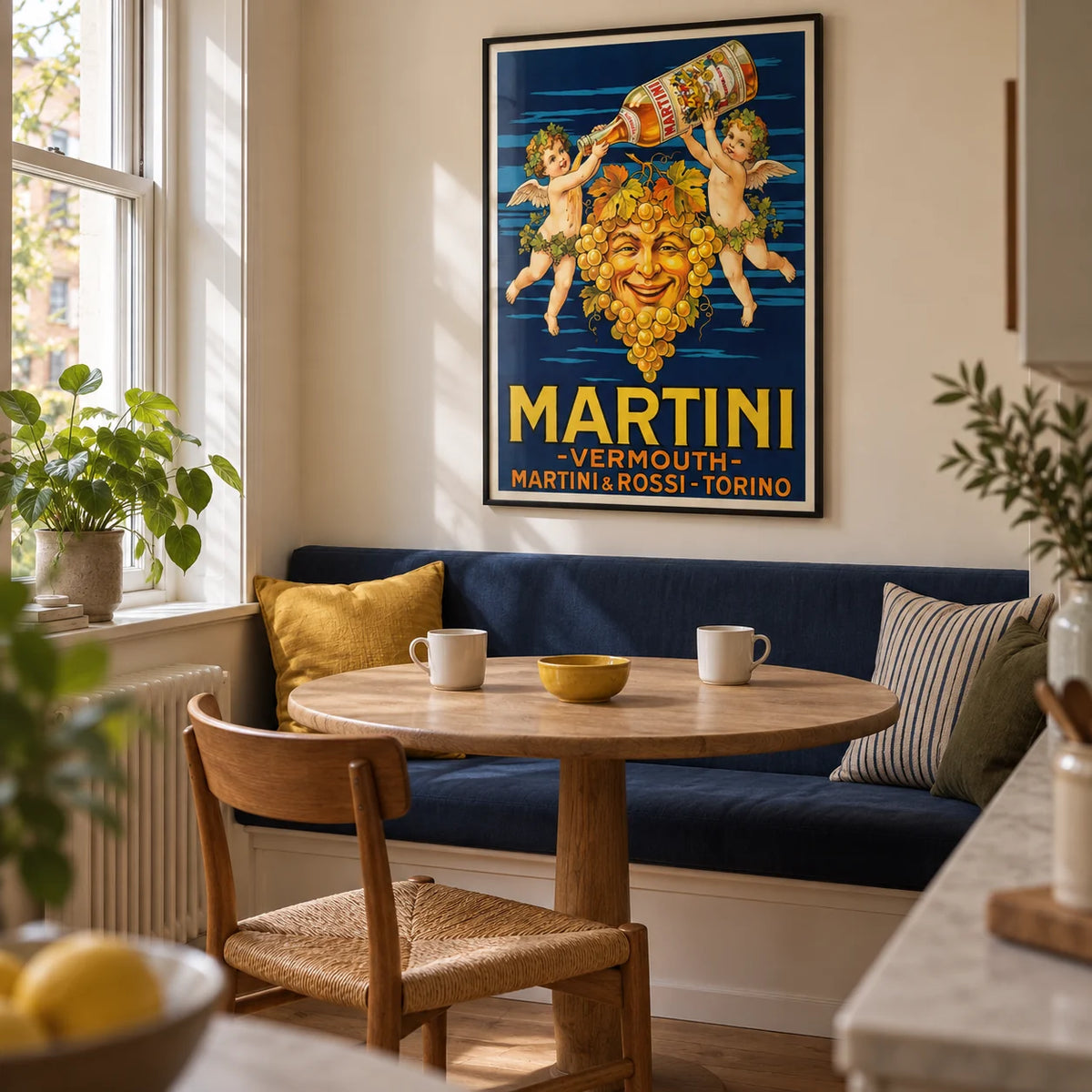 Vintage Vermouth Poster, framed on the wall of a small kitchen breakfast nook in a first owned flat for a couple aged 28-35