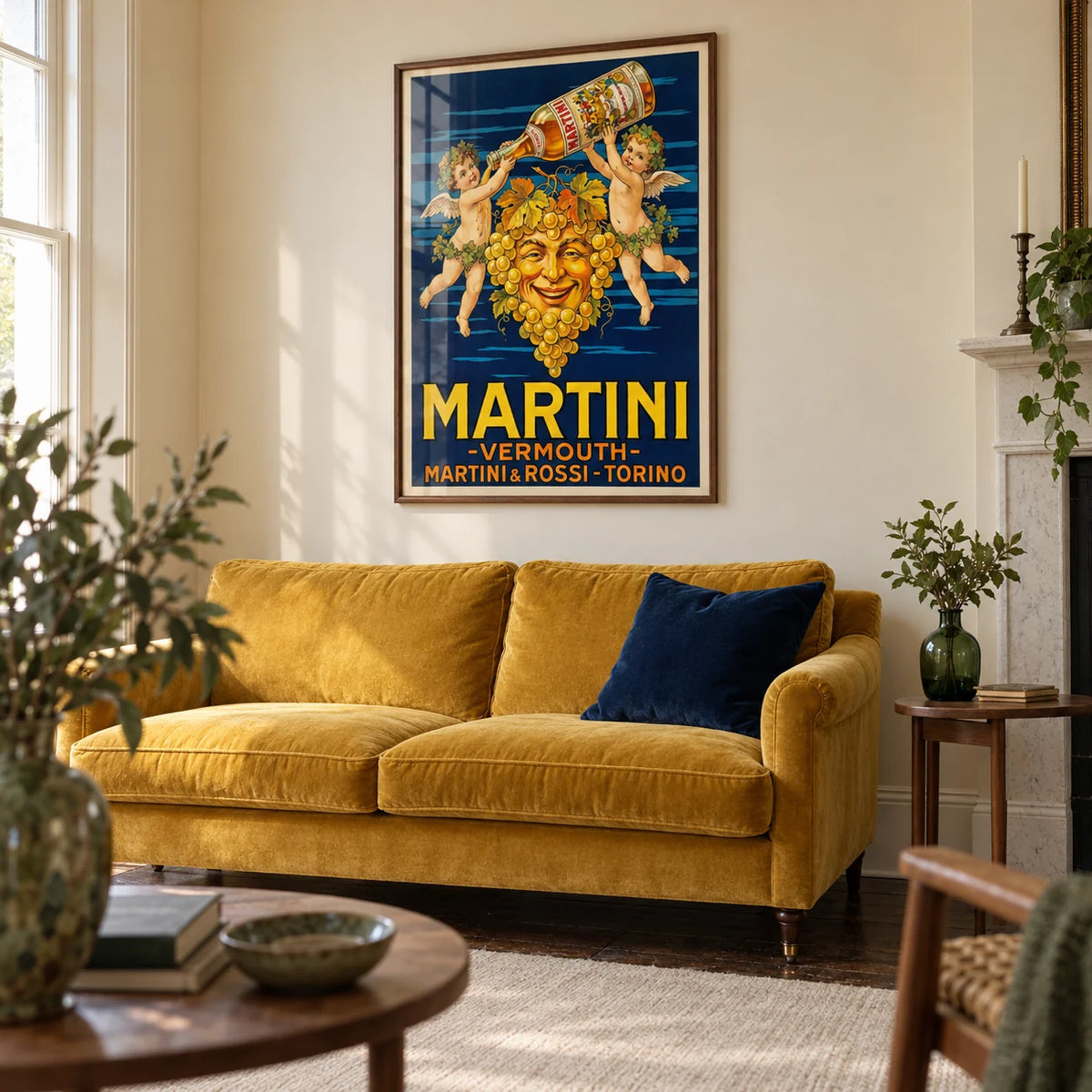 Vintage Vermouth Poster, framed on the wall of a warm living room in a period UK flat with cream walls