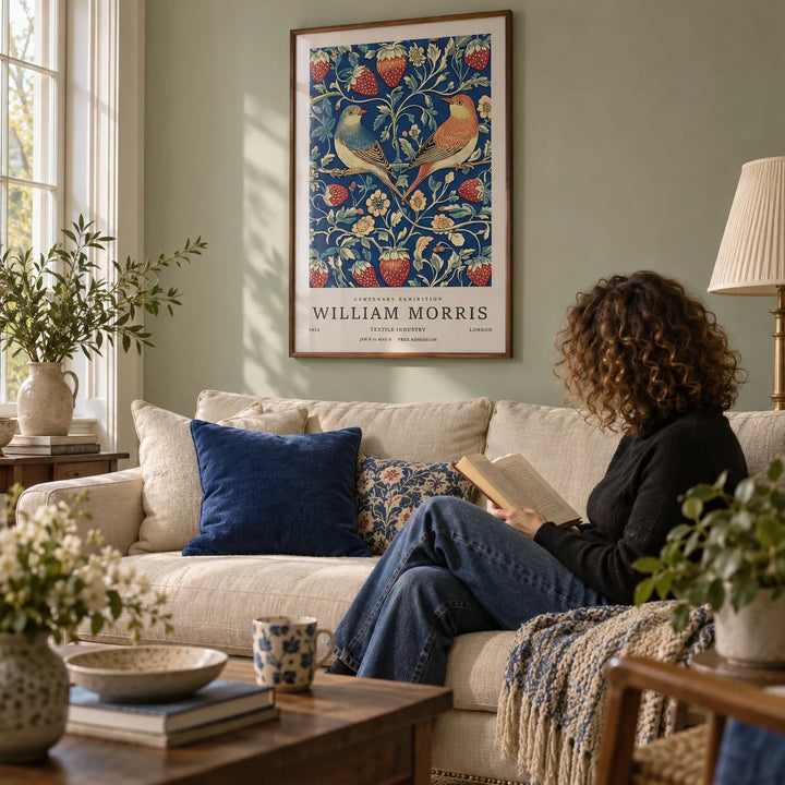 Vintage Wall Art, framed on the wall of a classic living room with a pale sage wall