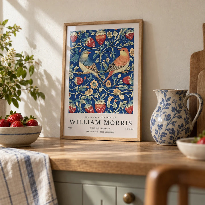 Vintage Wall Art, a small A4 framed print leaning on an oak kitchen shelf