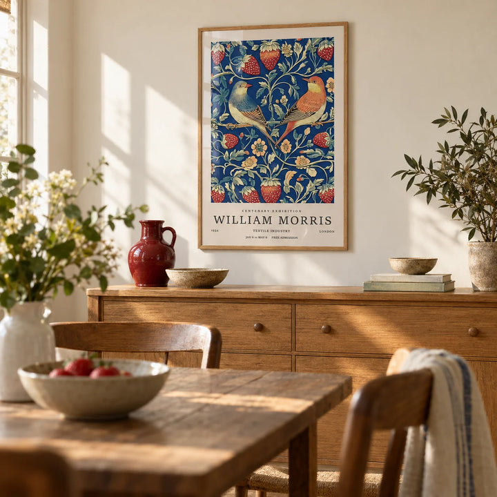Vintage Wall Art, framed on the wall of a warm dining room with a cream wall