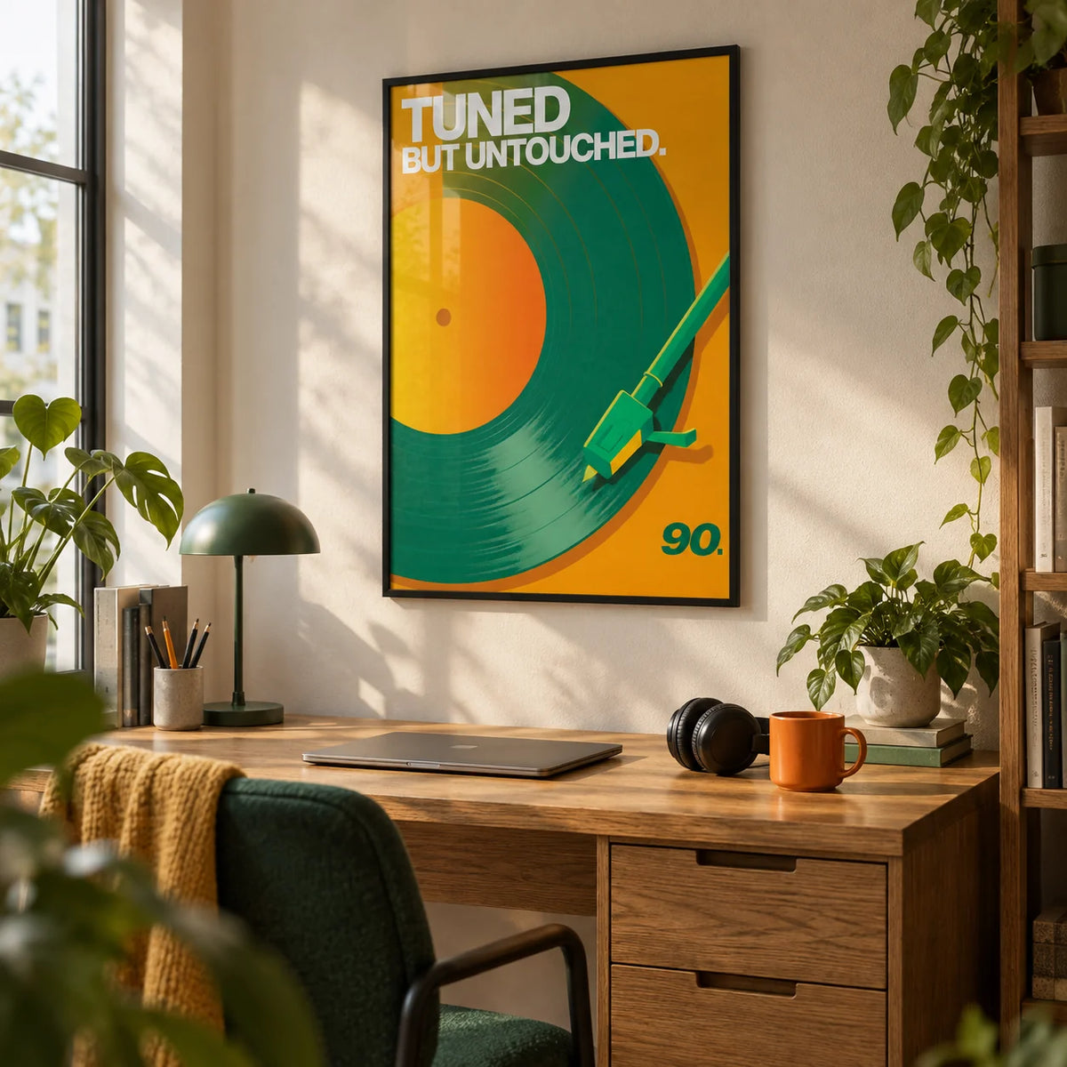 Vinyl Record Art Print, framed on the wall of a creative home office