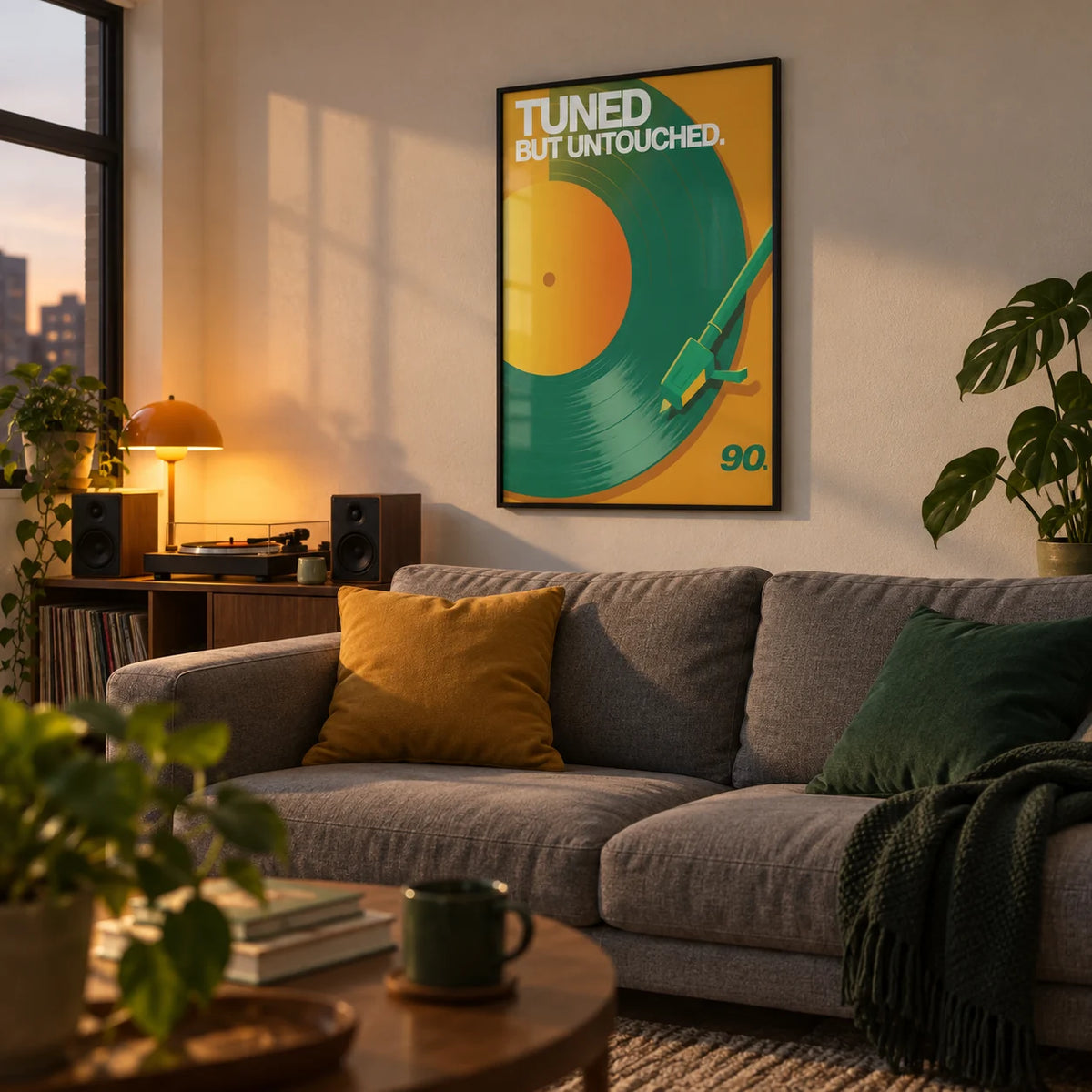Vinyl Record Art Print, framed on the wall of a first-flat living room (age 22-28)