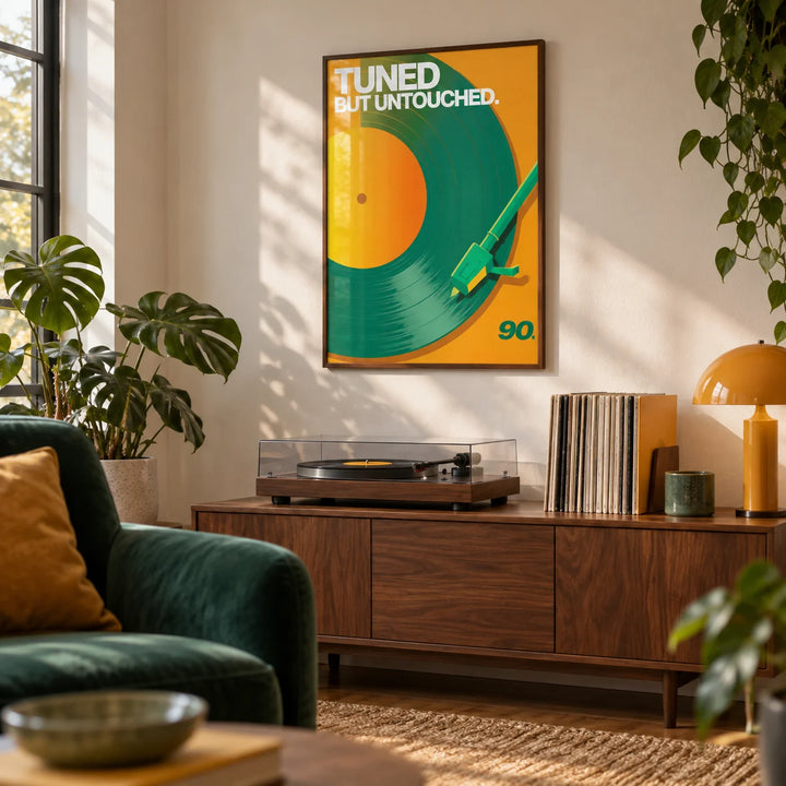 Vinyl Record Art Print, framed on the wall of a living room record corner