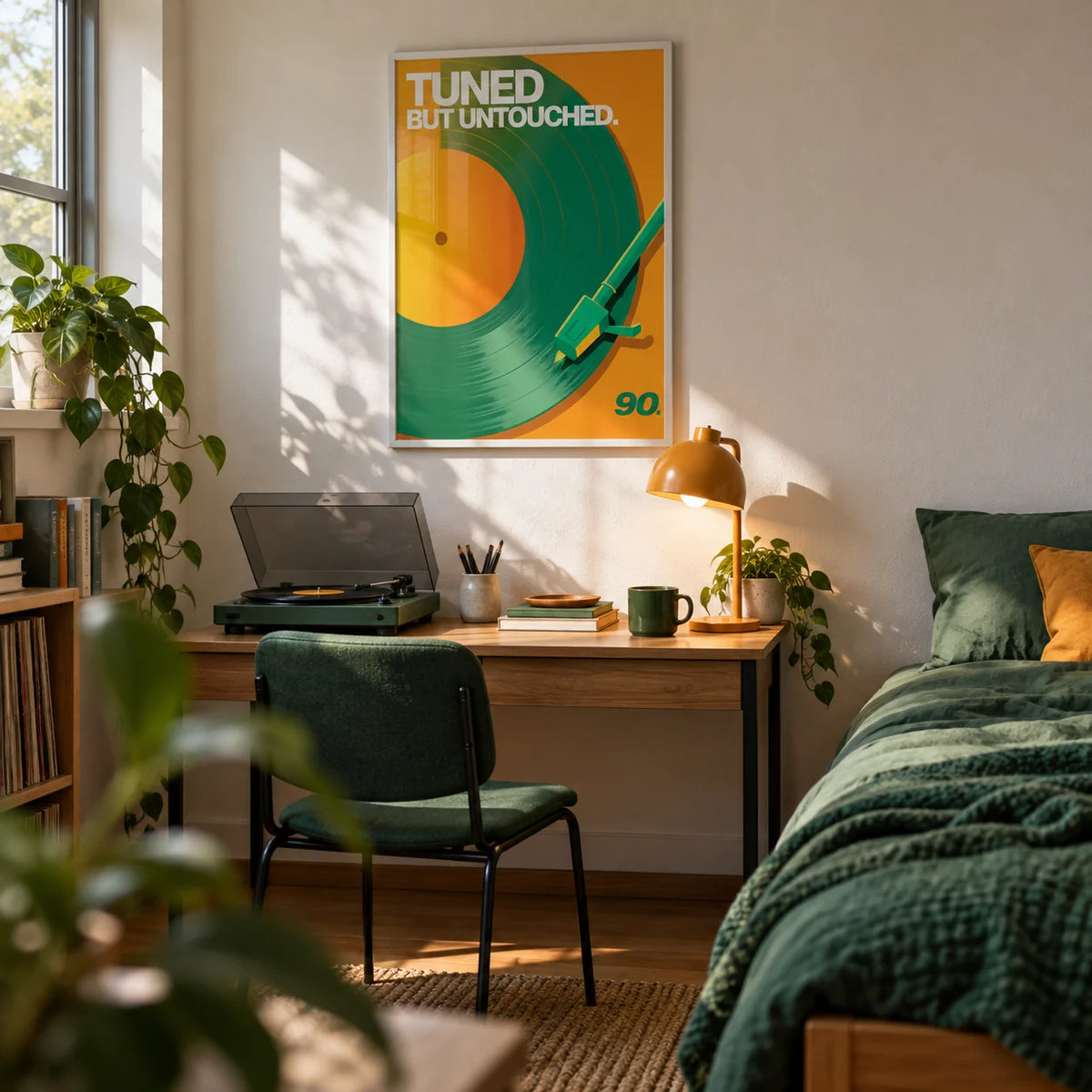 Vinyl Record Art Print, framed on the wall of a styled uni room (age 18-21) in a bedroom