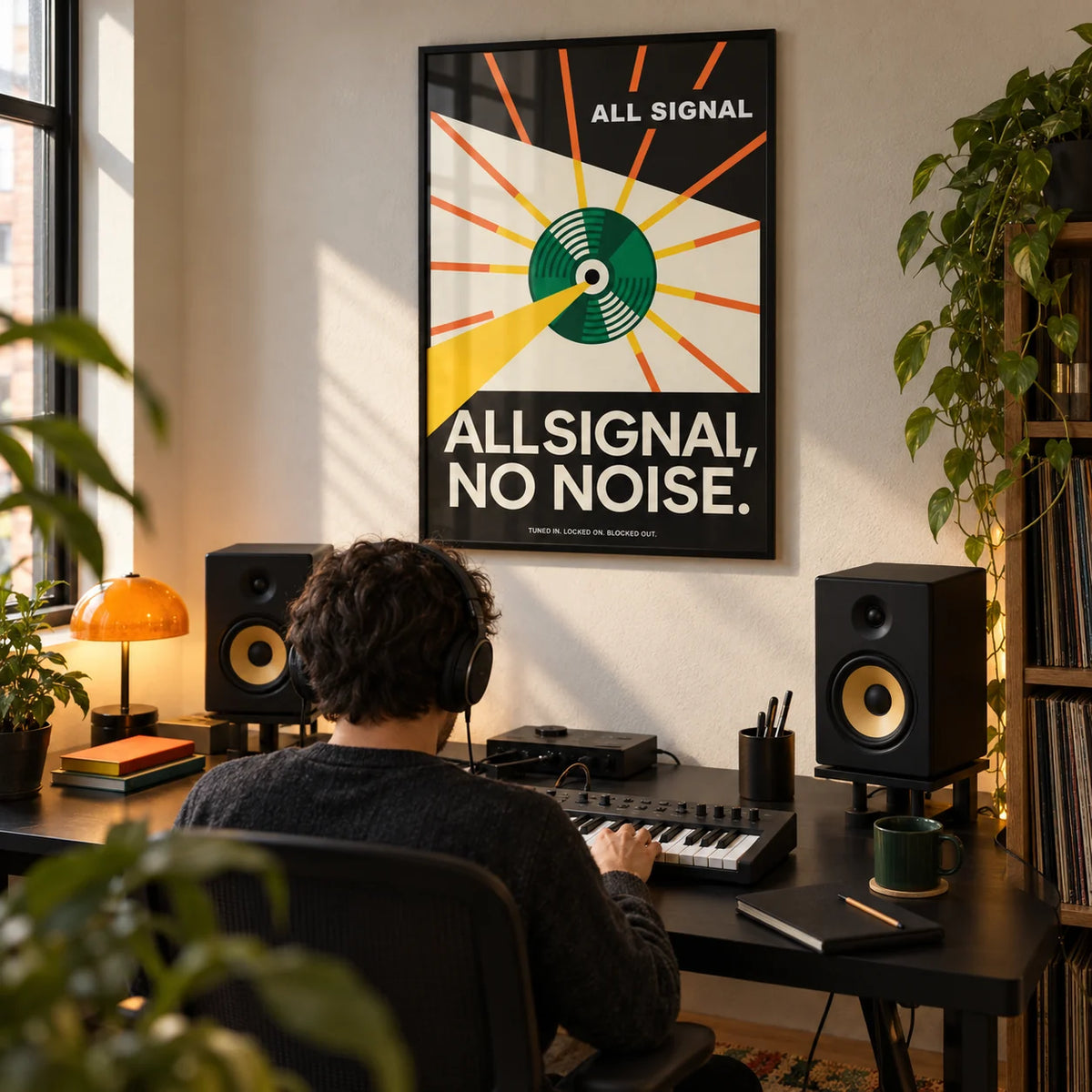 Vinyl Record Poster, framed on the wall of a home music studio in a home office