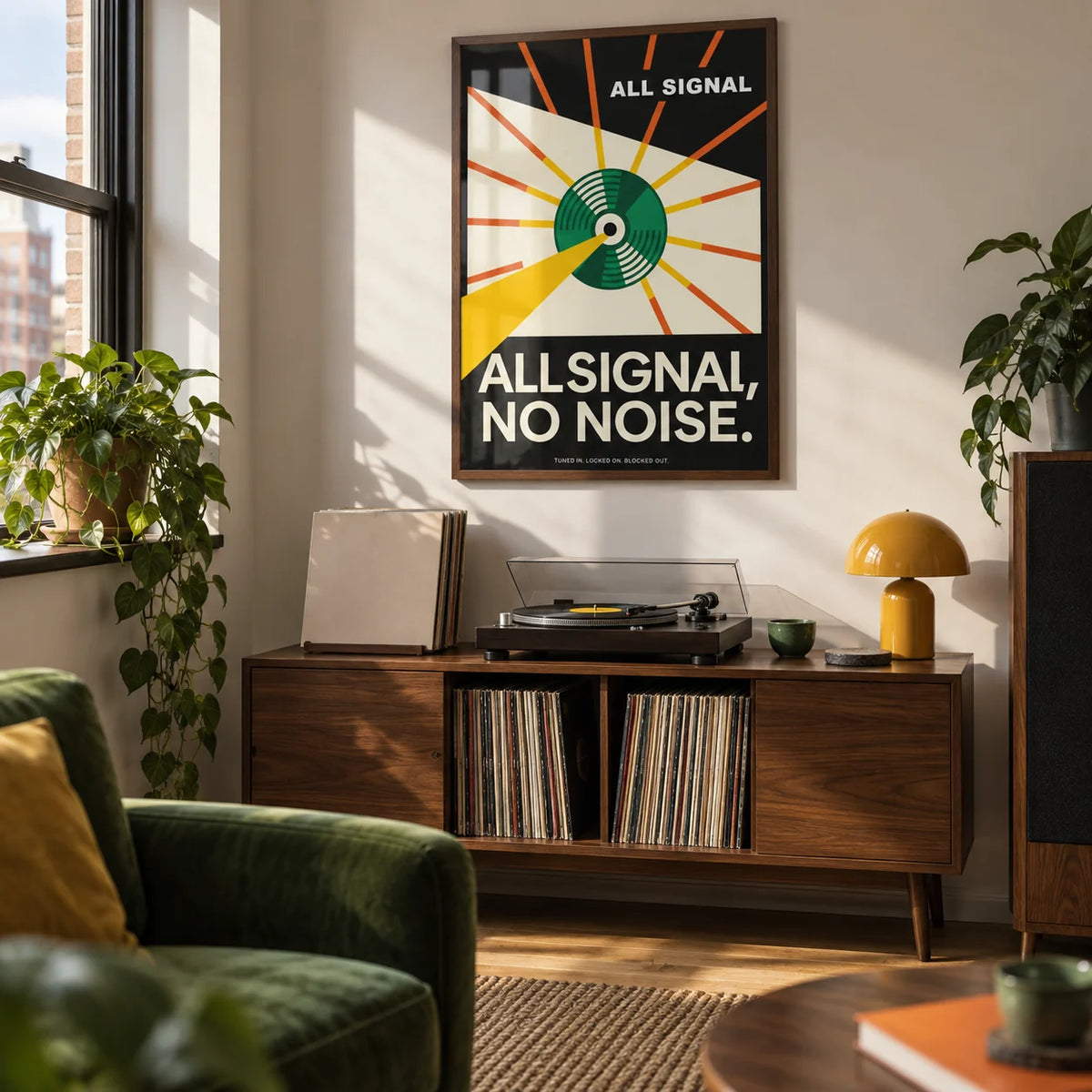 Vinyl Record Poster, framed on the wall of a record corner in a city flat in a living room