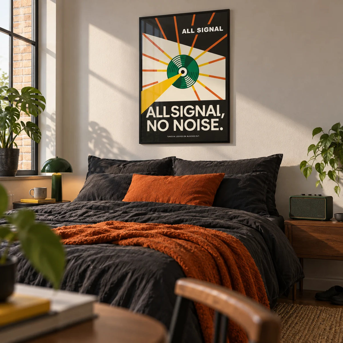 Vinyl Record Poster, framed on the wall of a stylish bedroom for a 21 year old