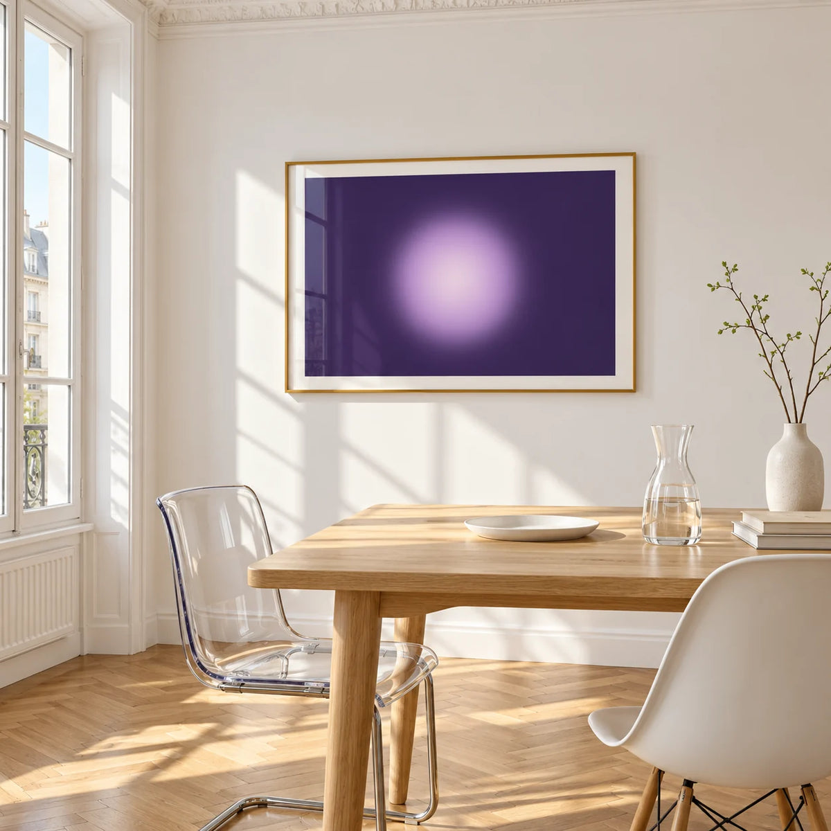 Violet Print, framed on the wall of a bright dining corner