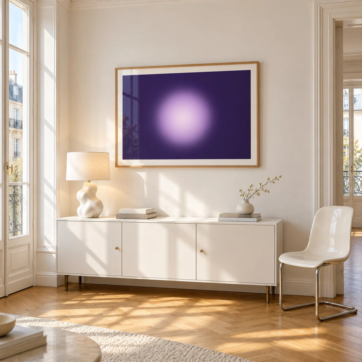 Violet Print, framed on the wall of a bright Paris style apartment in a living room