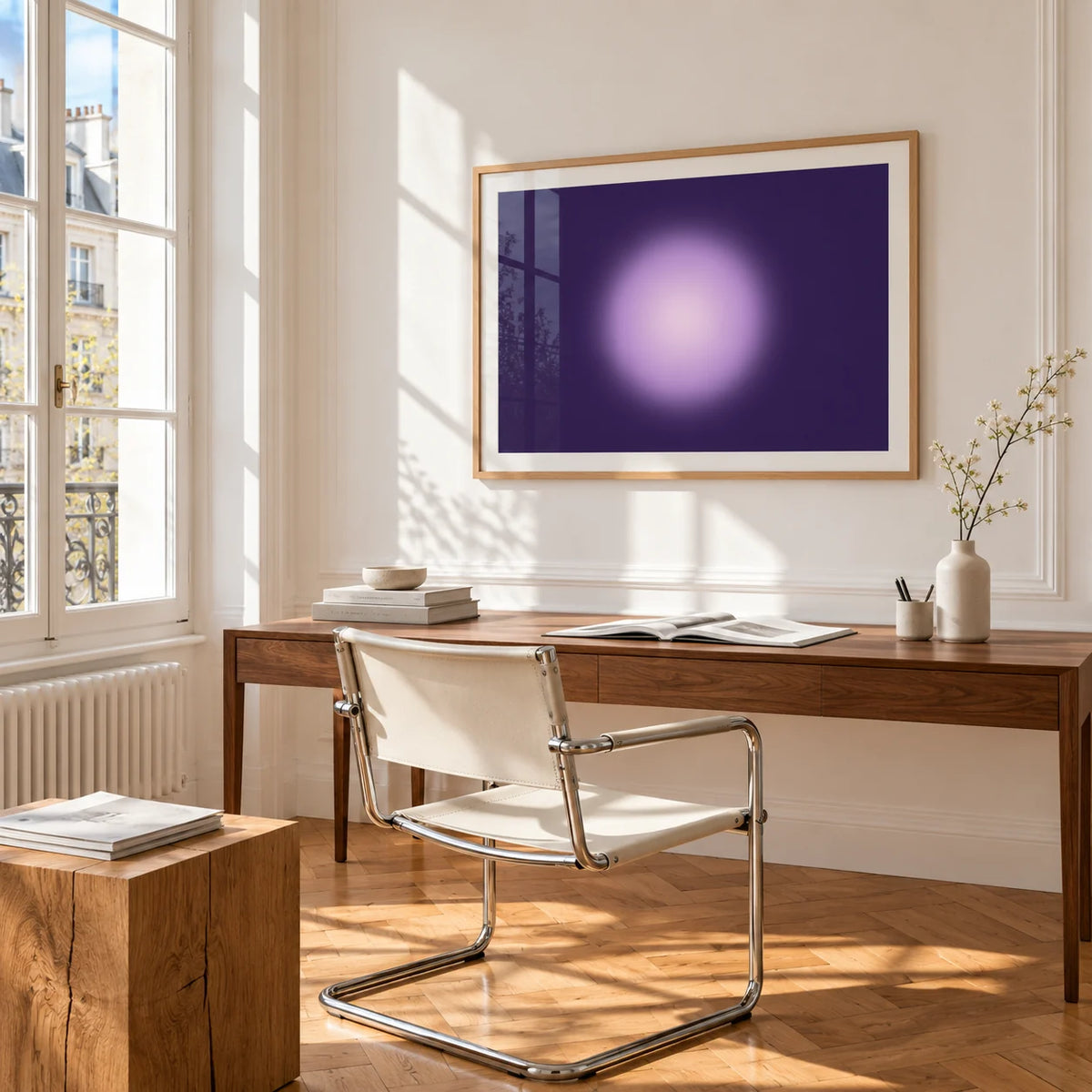 Violet Print, framed on the wall of a bright study corner with a tall white paned window
