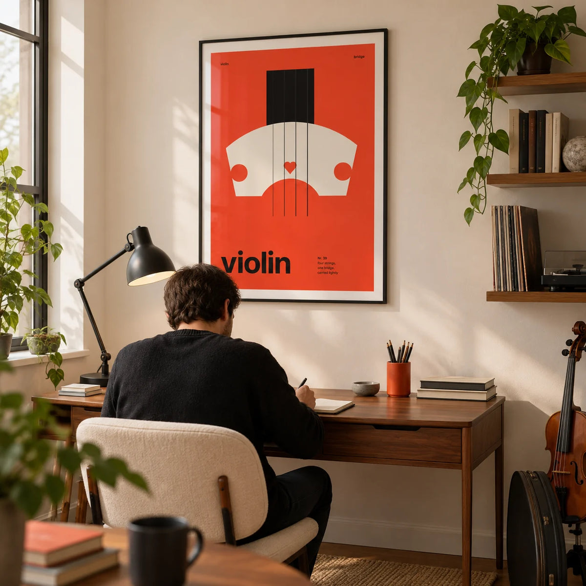 Violin Poster, framed on the wall of a compact creative study for a music-loving adult (25-40) with a warm white wall