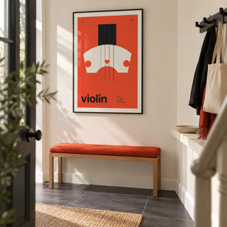 Violin Poster, framed on the wall of a crisp entrance hallway in a renovated UK terrace with a cream wall and plain charcoal floor tiles