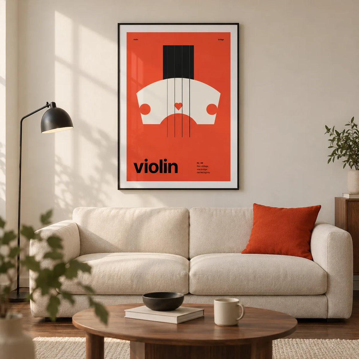 Violin Poster, framed on the wall of a design-led living room in a UK city flat with warm white walls and a walnut floor