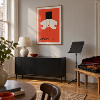 Violin Poster, framed on the wall of a modern home music room in a Victorian terrace with a pale grey wall and oak floorboards