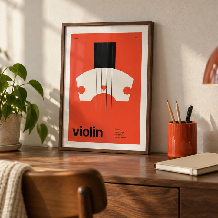 Violin Poster, a small A4 framed print leaning on a walnut writing desk