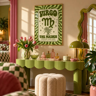Virgo Print, framed on the wall of a playful dressing area in a bathroom