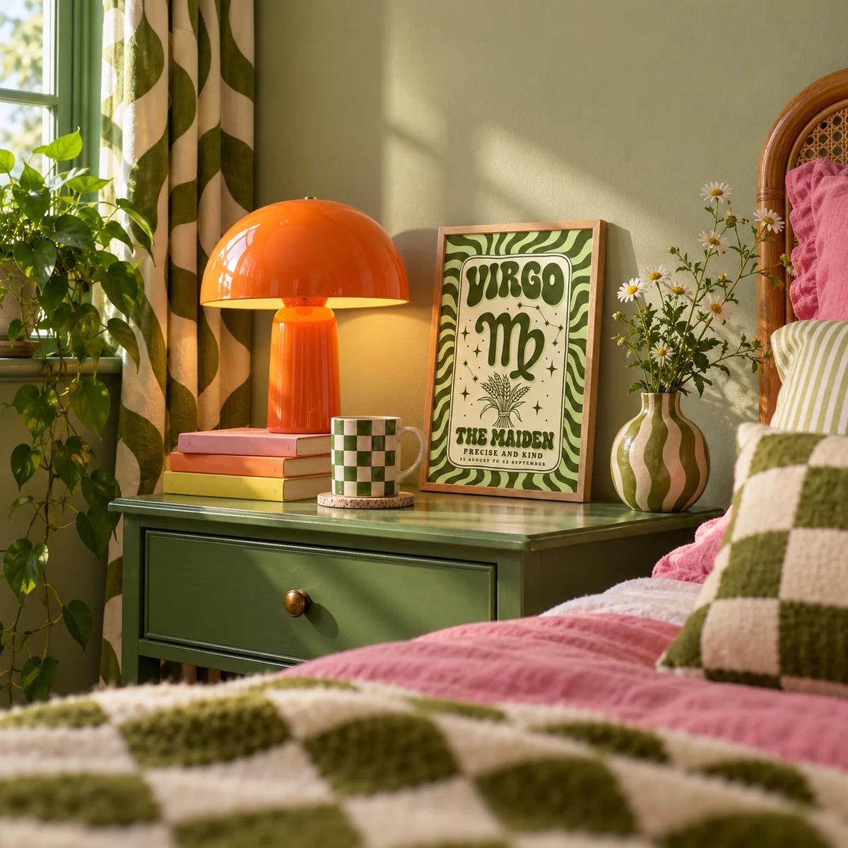 Virgo Print, a small A4 framed print leaning on a bedside table