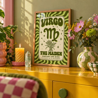 Virgo Print, a small A4 framed print leaning on a colourful lacquered shelf in a living room