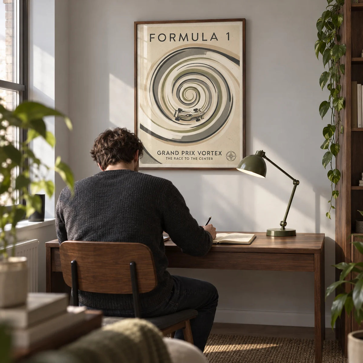 Vortex Race Track Poster, framed on the wall of a compact home study in a young adult's UK flat (25-35)